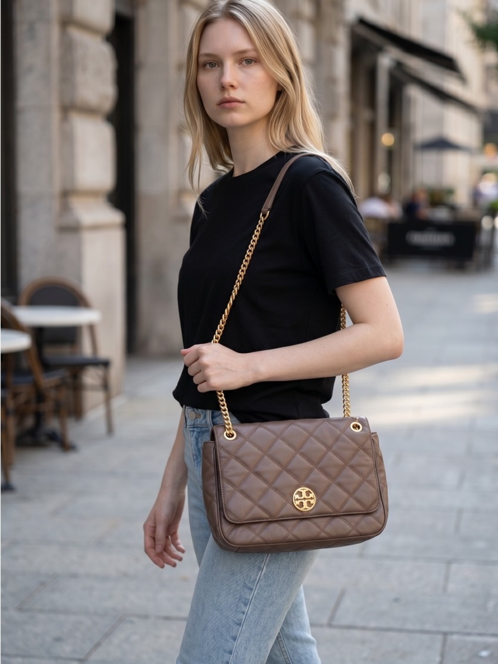 Tory Burch Willa Quilted Leather Shoulder Bag  with Gold Chain and Dust Cover